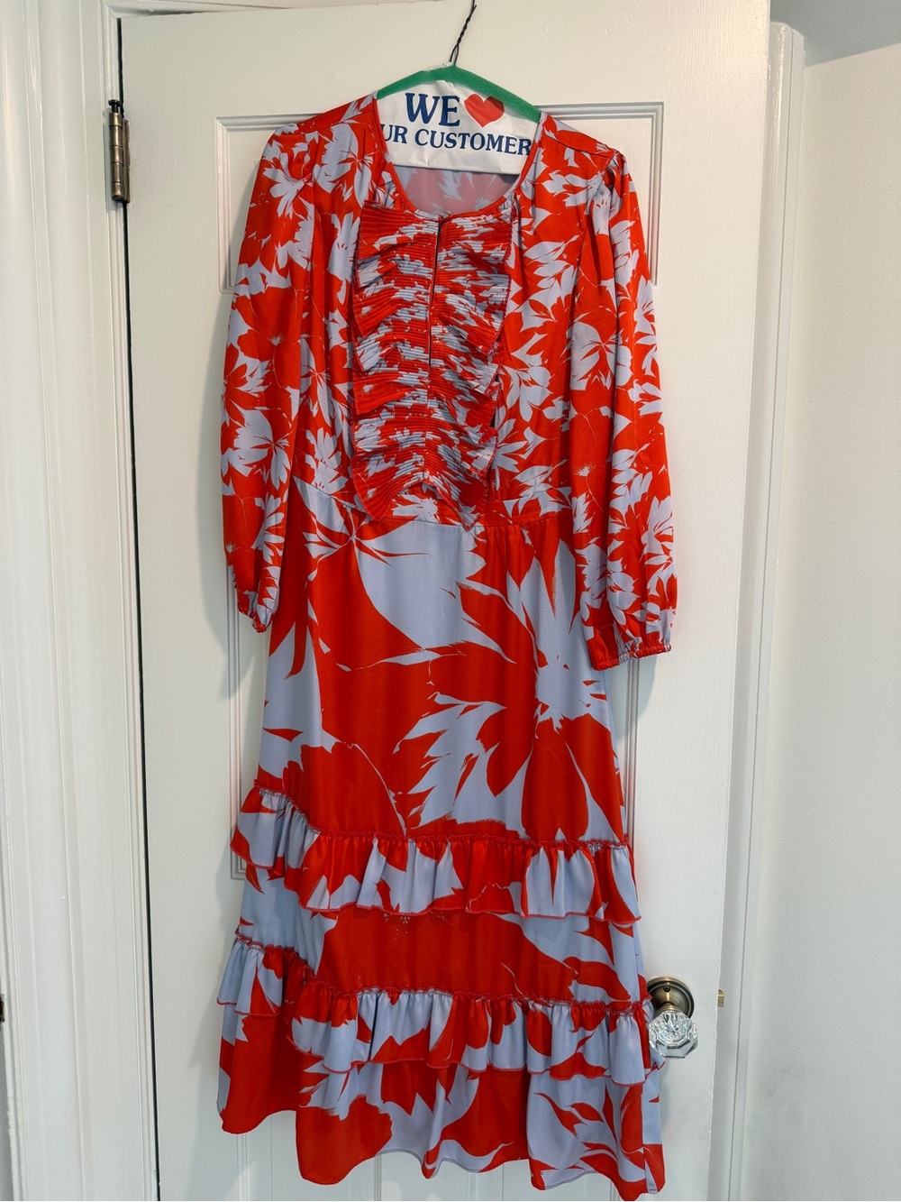 J. Crew Red and Light Blue Floral Ruched Tiered Maxi Dress